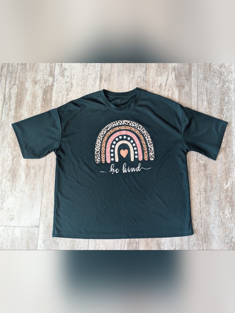 SHEIN Dark Green Tee with Pink and Tan Leopard Rainbow
